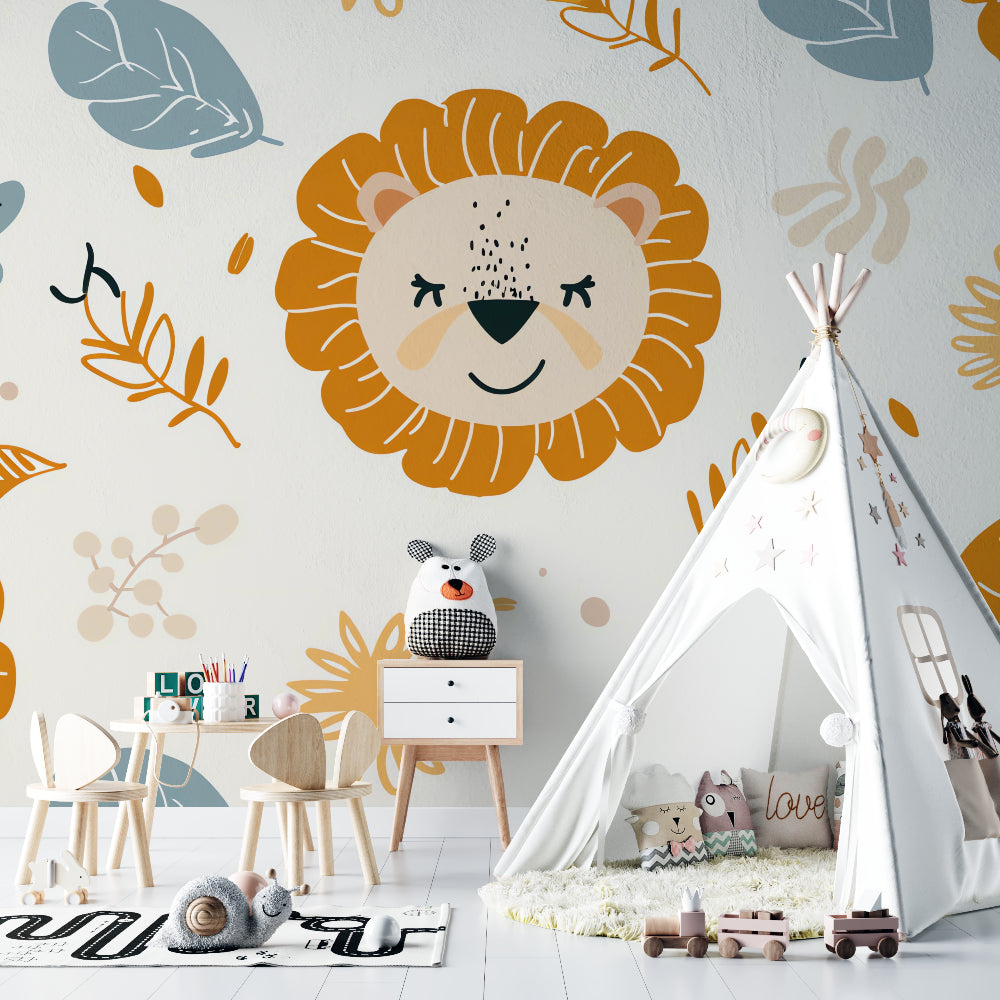 Cheerful lion mural in playroom showing scale and color harmony
