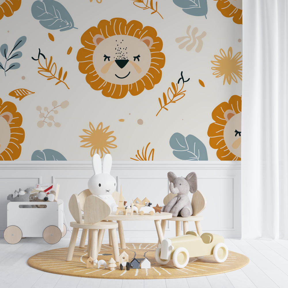 Lion safari wallpaper in modern baby room with crib