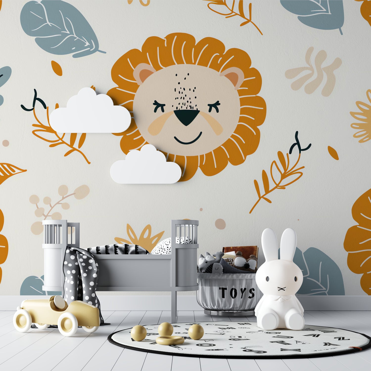 Safari lion pattern in daycare reading nook setting