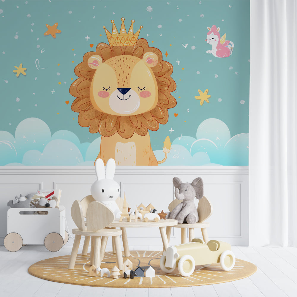 Lion nursery wallpaper creating a cozy atmosphere in a modern nursery with white furniture