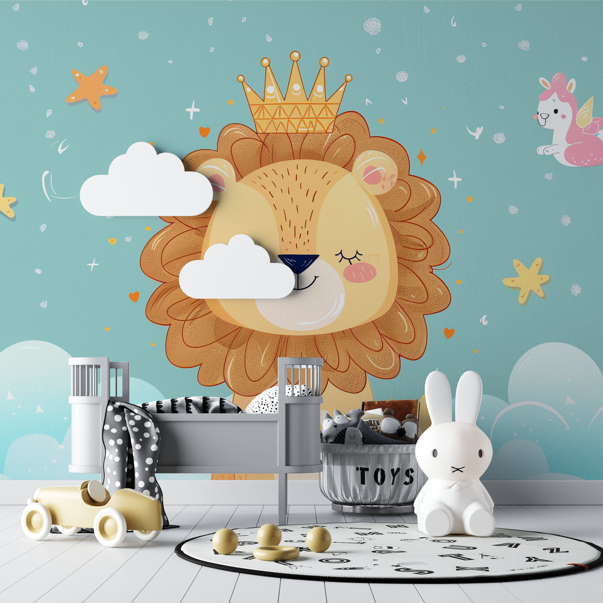 Baby lion wallpaper bringing charm to a toddler's bedroom with natural lighting