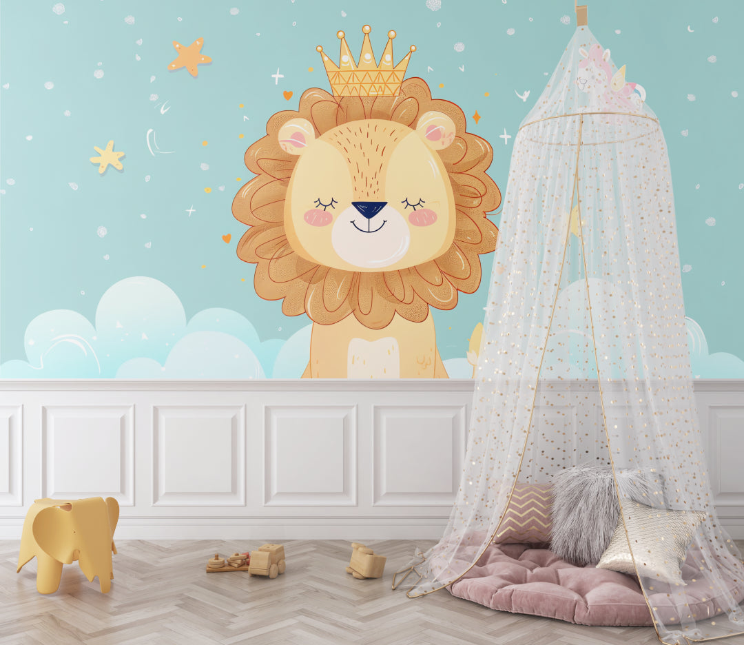 Baby lion wall mural adding warmth to a Scandinavian style nursery