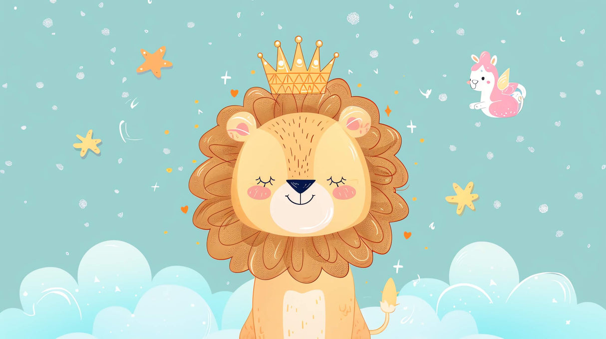 Lion nursery wallpaper design file showing detailed pattern with crowned baby lion and clouds