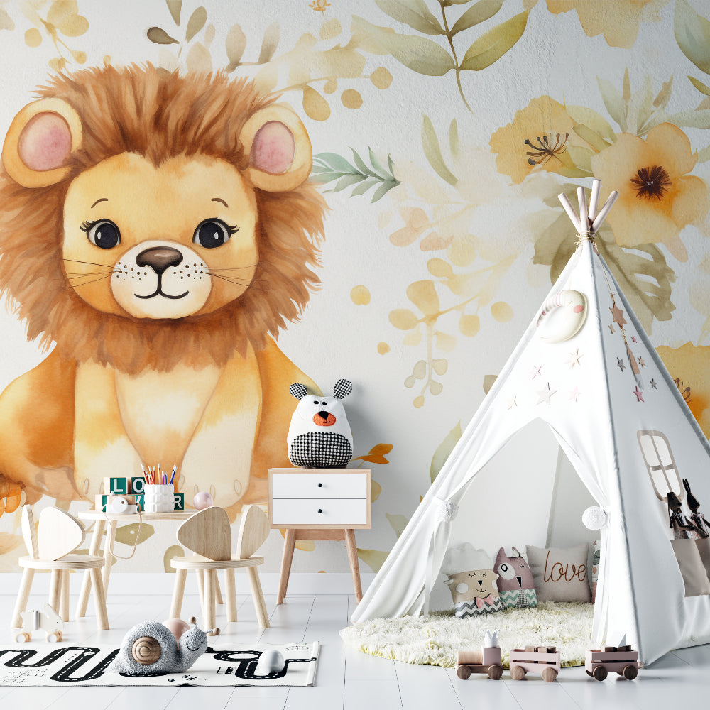 Baby Lion wallpaper mural styled in modern nursery with white furniture and natural light