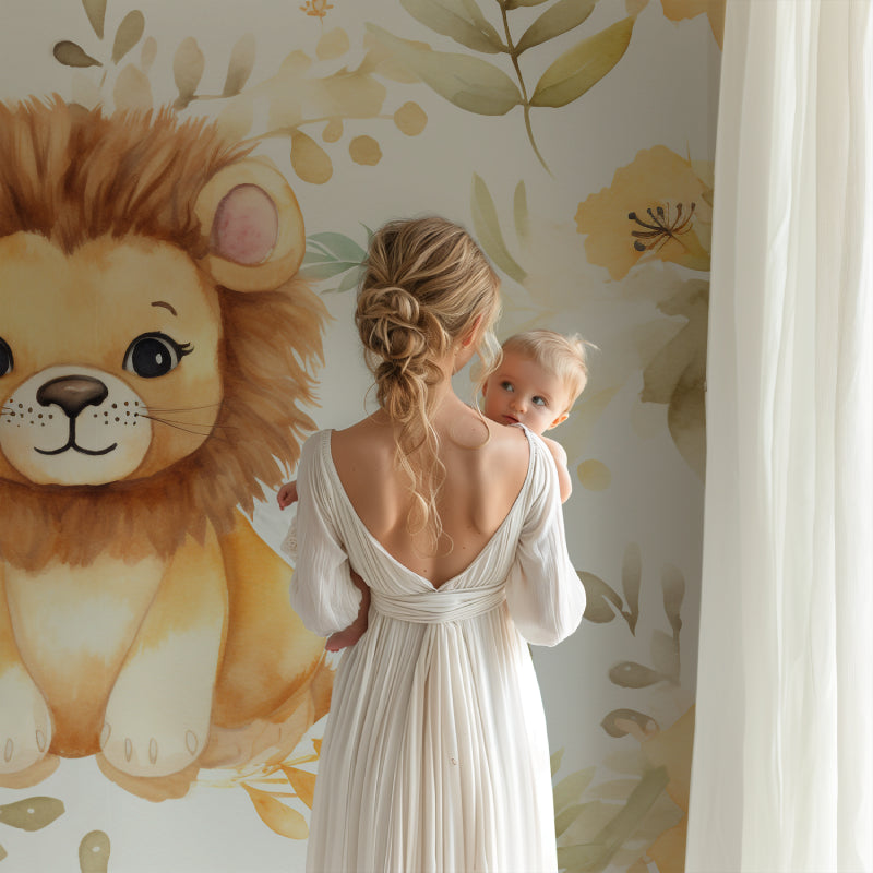 Lion safari wallpaper creating focal point in child's playroom with reading nook