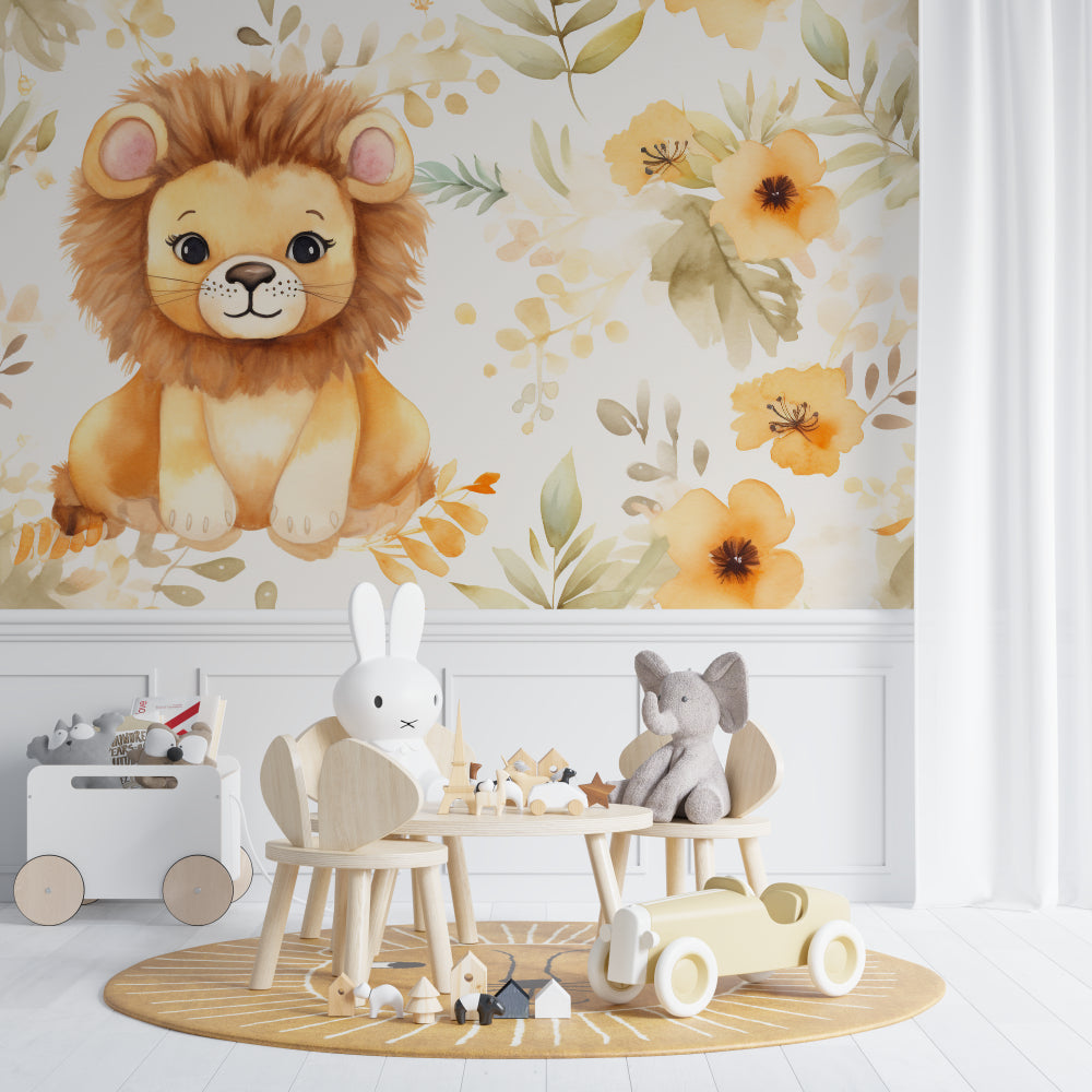 Sweet lion mural wallpaper in baby girl nursery with pink accents