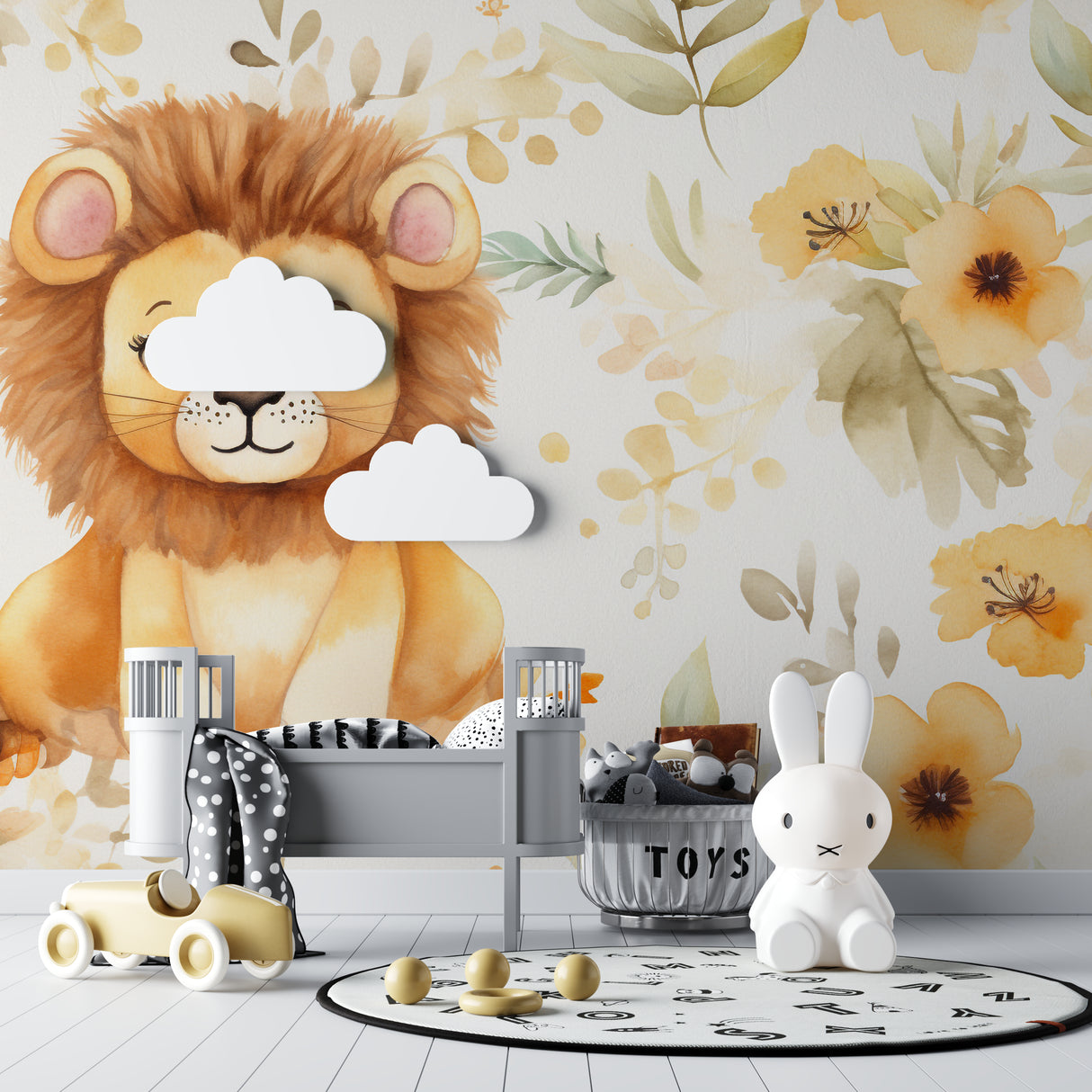 Safari lion wallpaper in gender-neutral nursery with natural decor