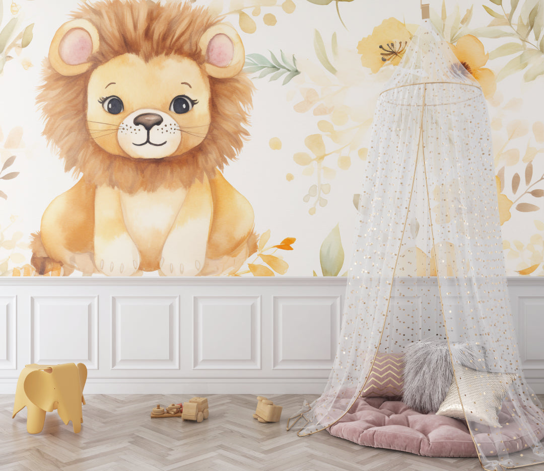 Lion wall mural bringing warmth to toddler bedroom with wooden furniture