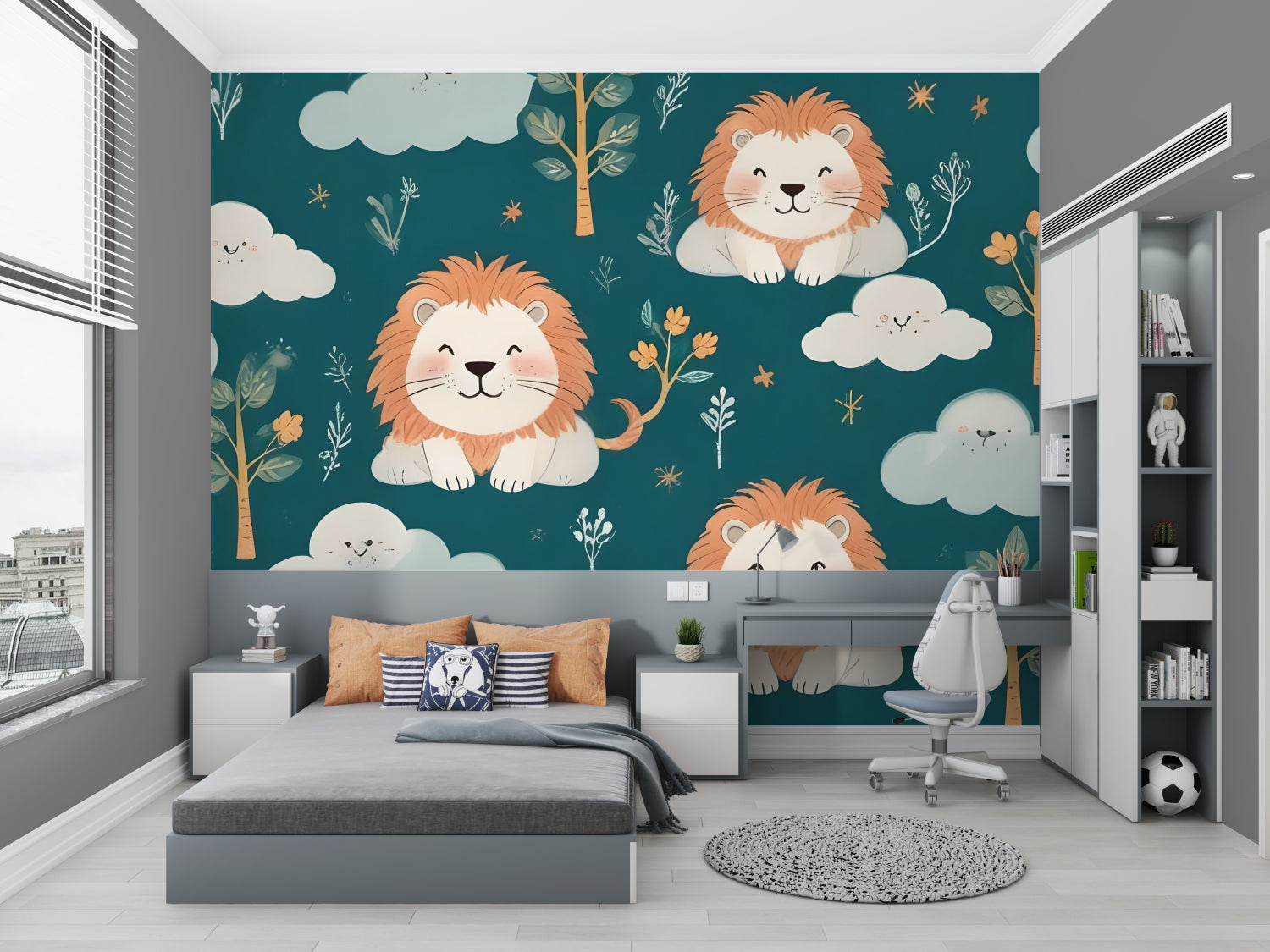 Lion safari wallpaper bringing joy to a modern nursery with teal and coral accents