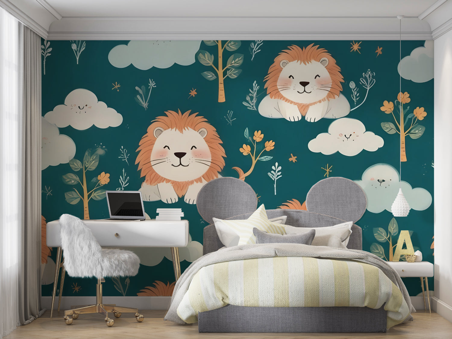 Lion wall mural transforming a modern children's bedroom with teal background