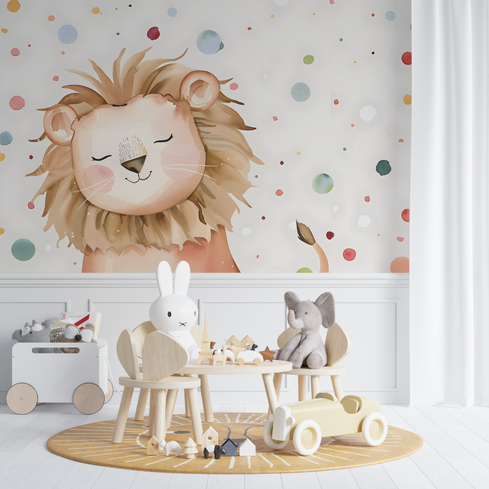 Sweet Lion Wallpaper in modern nursery with white furniture showing calm safari atmosphere