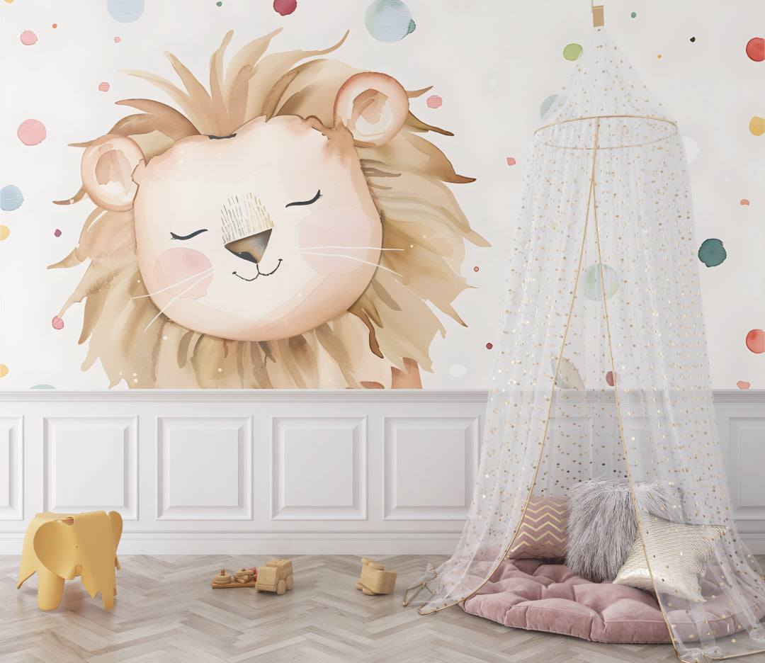 Lion Safari Wallpaper brightening a toddler's playroom with natural light