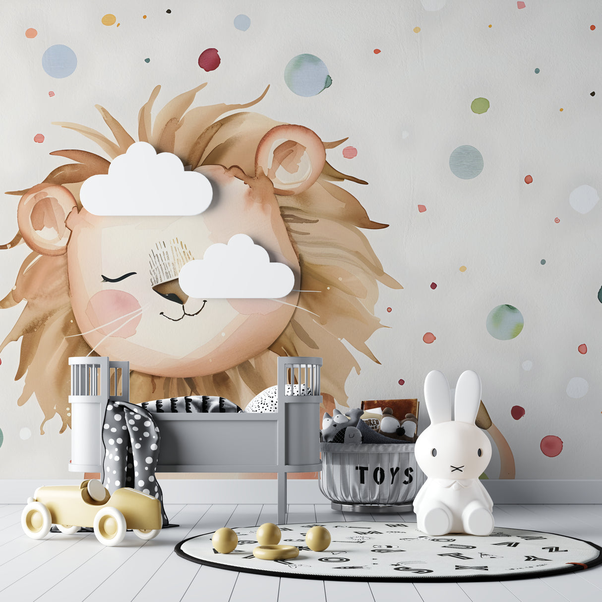 Cute Lion Wallpaper in baby room with wooden crib creating cozy feel