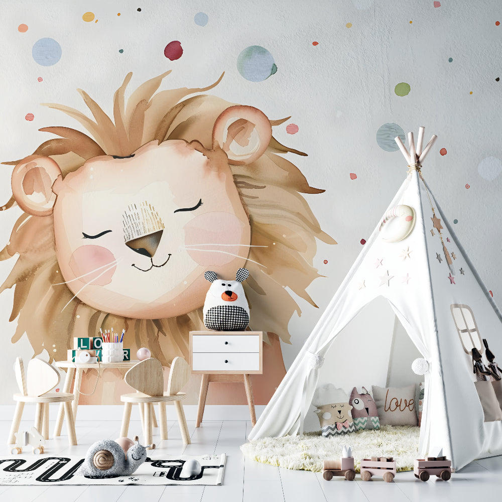 Safari Lion Wallpaper in children's reading nook with soft cushions