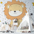 Lion nursery wallpaper in a modern white nursery, creating a peaceful atmosphere with soft beige tones and starry accents