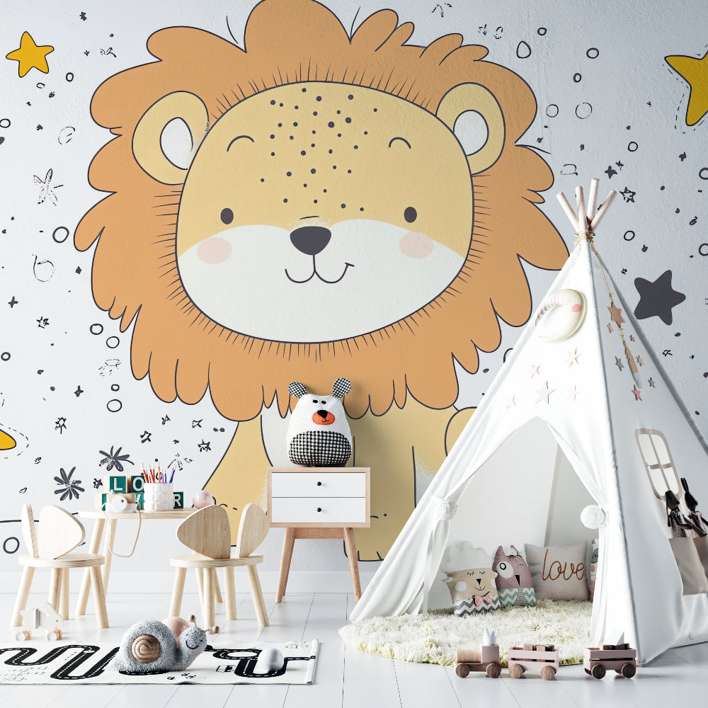 Lion nursery wallpaper in a modern white nursery, creating a peaceful atmosphere with soft beige tones and starry accents