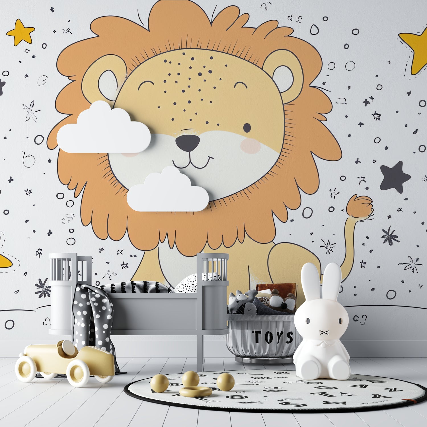 Safari lion wall mural bringing warmth to a toddler's reading nook with gentle lighting and cozy furniture