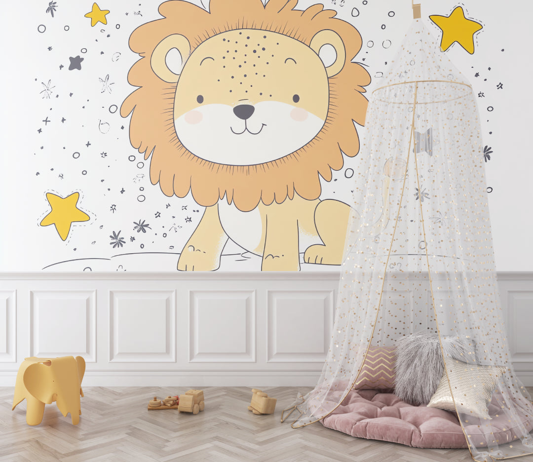 Baby lion wallpaper installation in a playroom showing scale and soft color palette against neutral furniture