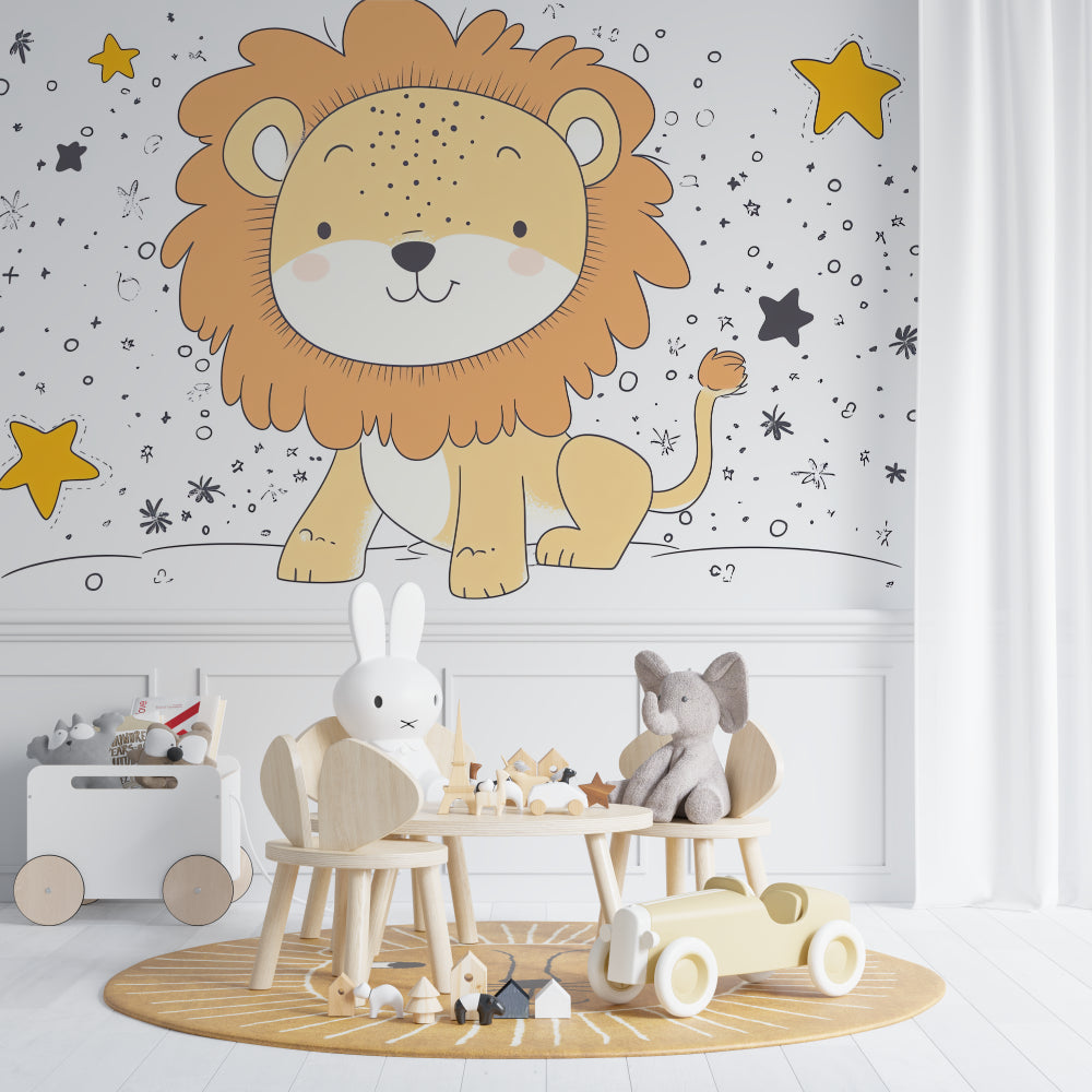 Lion wall mural with stars featured in a gender-neutral nursery with natural wood accents