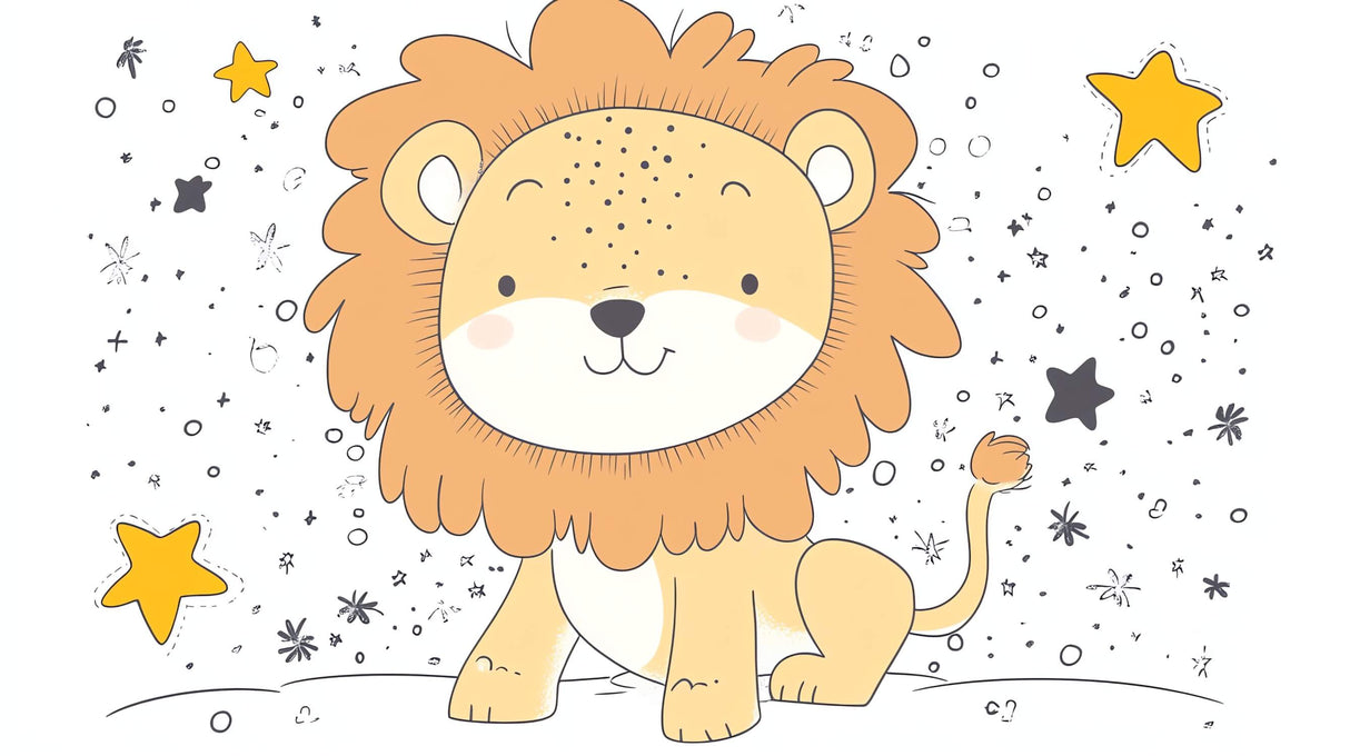 Lion nursery wallpaper design file showing full pattern with starry background and gentle lion character