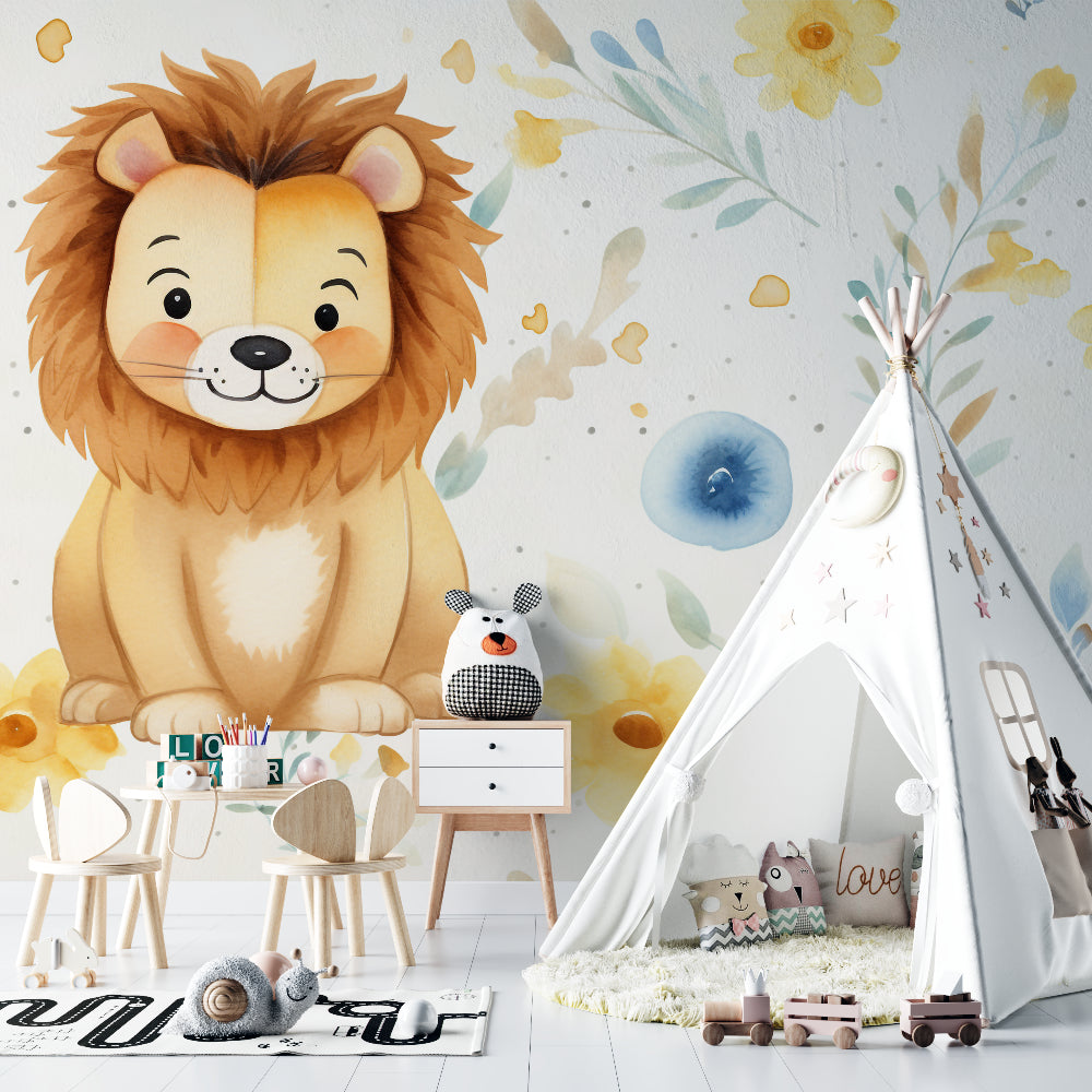 Sweet Lion Safari Wallpaper in bright nursery with white furniture and yellow accents