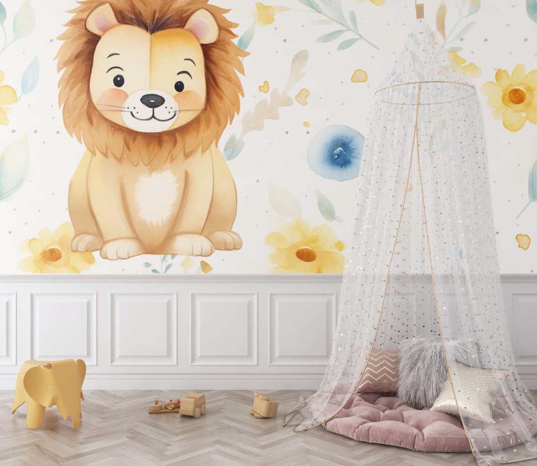 Lion Nursery Wallpaper styled in toddler bedroom with neutral decor
