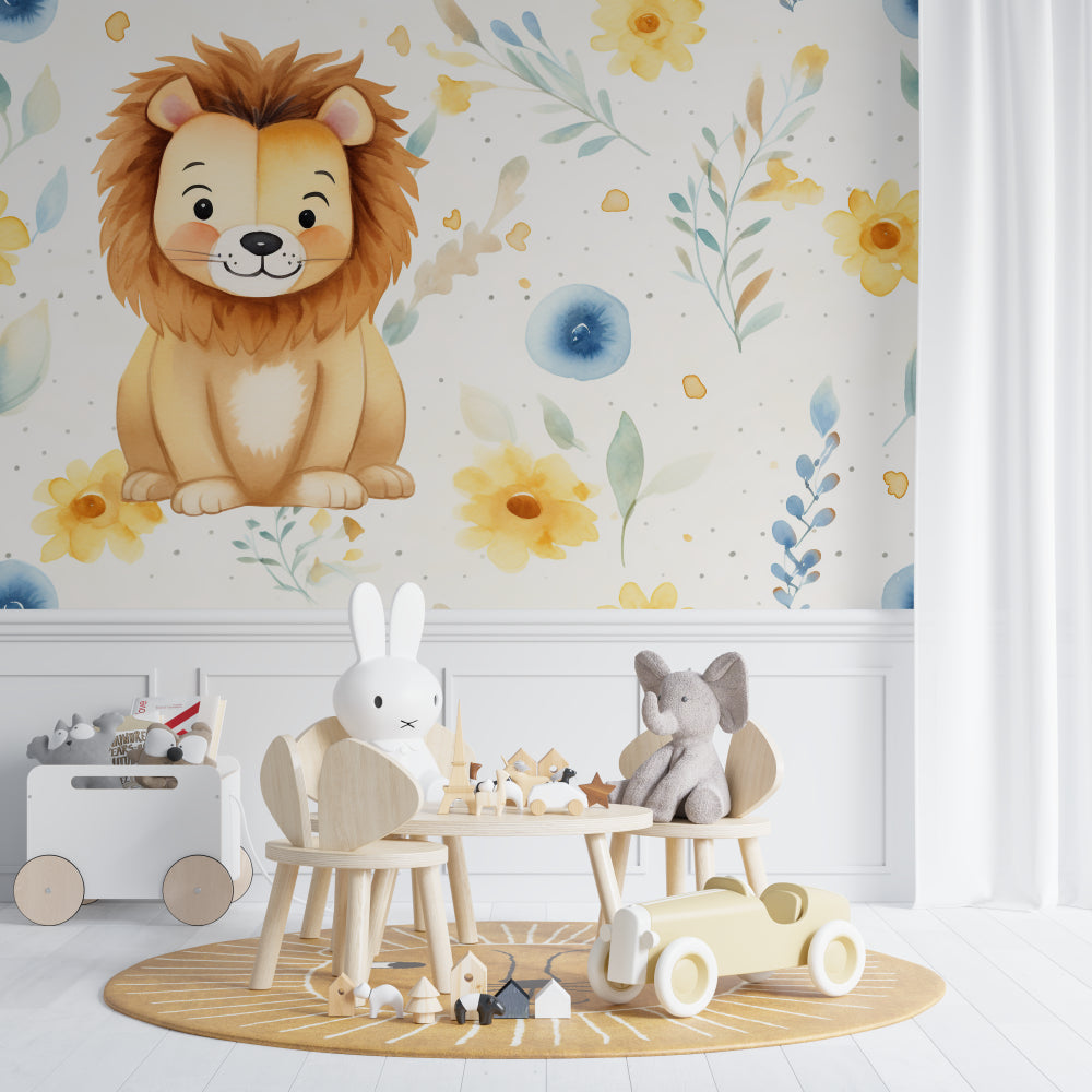 Safari Lion Wallpaper in playroom setting with reading nook