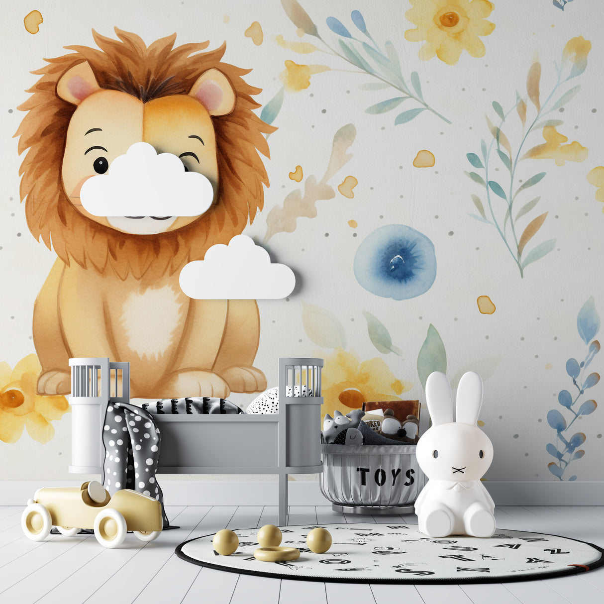 Floral Lion Wallpaper creating focal wall in baby room