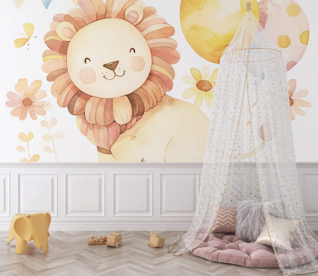 Safari Lion Wallpaper creating a cozy atmosphere in a modern nursery with white furniture