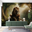 Lion mural wallpaper creating a dramatic focal point in a modern living room with natural light highlighting the jungle scene
