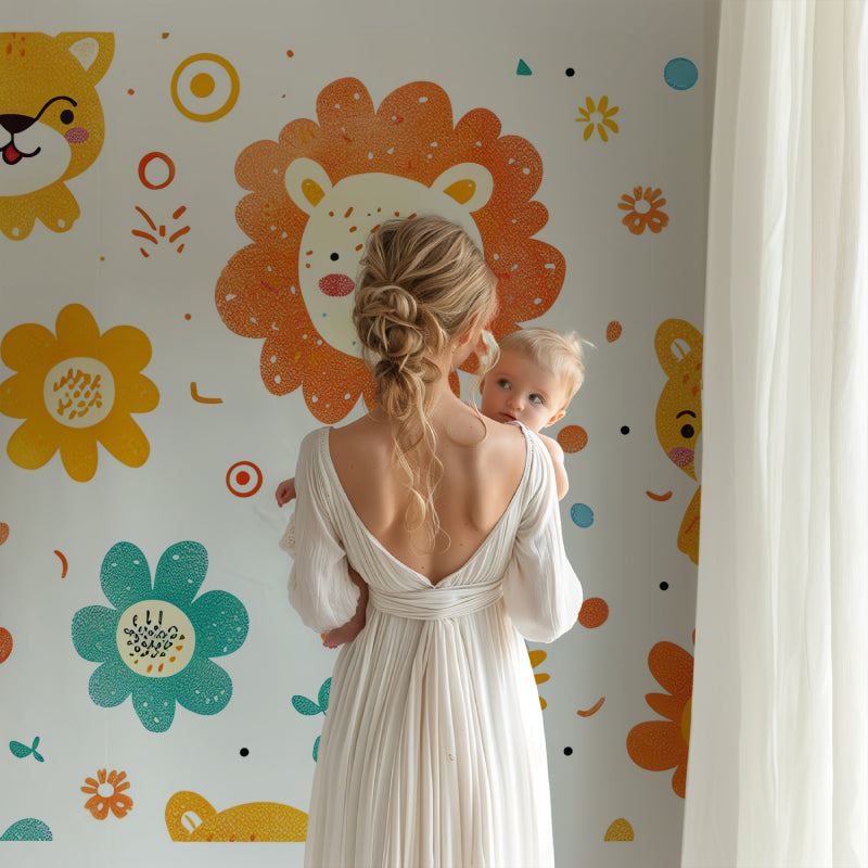 Lion wallpaper mural in bright nursery with white furniture