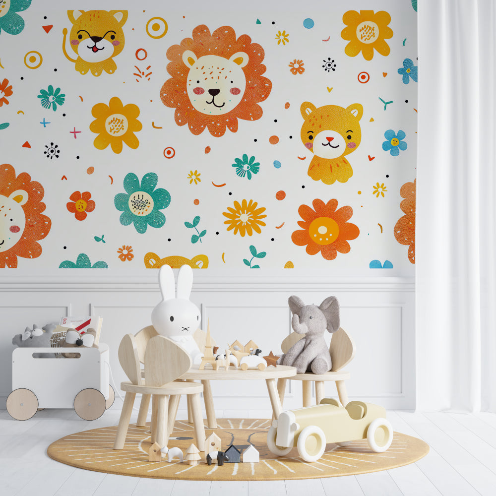 Kids bedroom featuring playful lion wallpaper with reading nook