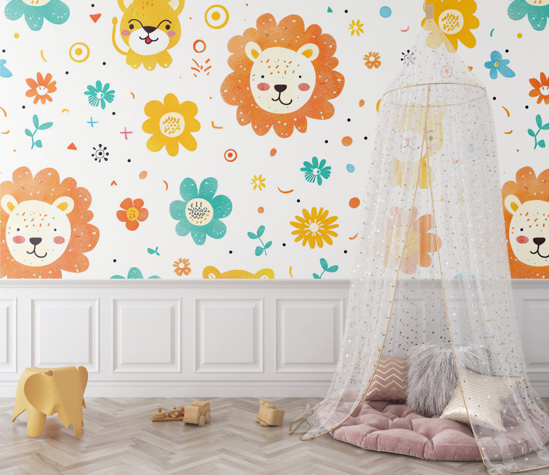 Floral lion wallpaper in modern playroom setting