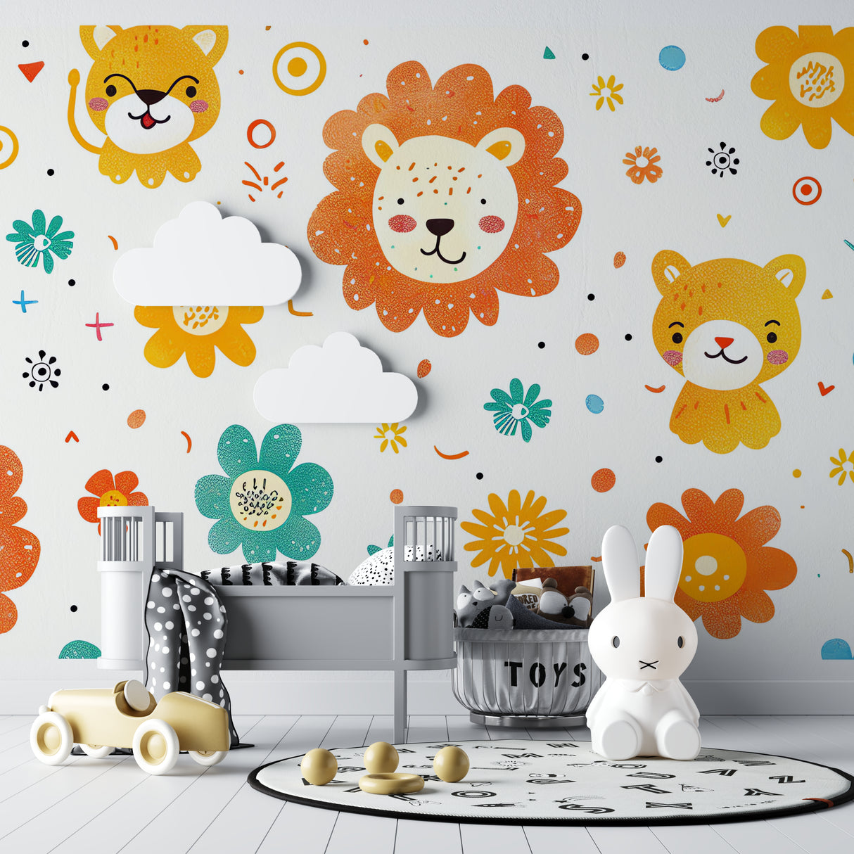 Lion and flowers mural in baby room with crib