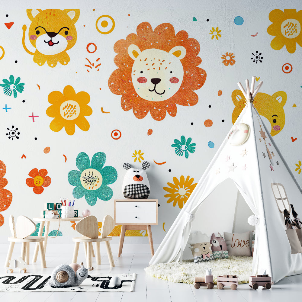 Safari themed nursery with lion wallpaper and yellow accents