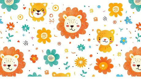 Design file of lion and flowers pattern with turquoise and orange blooms