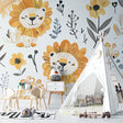 Lion safari wallpaper creating a warm atmosphere in a modern nursery with natural light