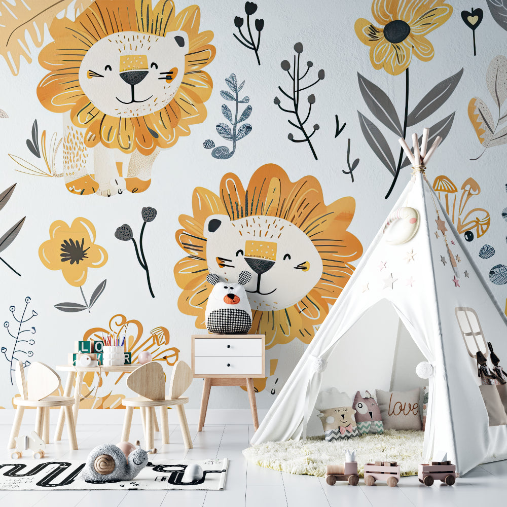 Lion safari wallpaper creating a warm atmosphere in a modern nursery with natural light