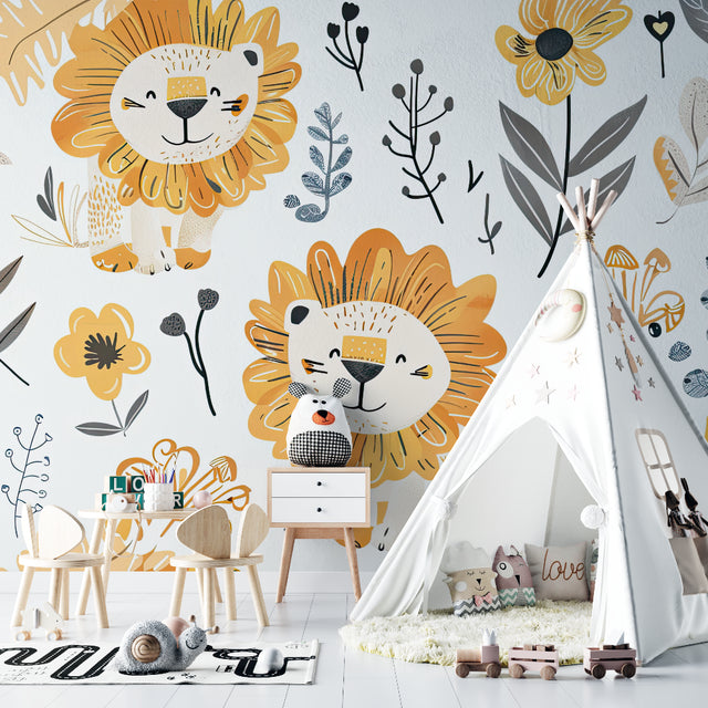 Lion safari wallpaper creating a warm atmosphere in a modern nursery with natural light