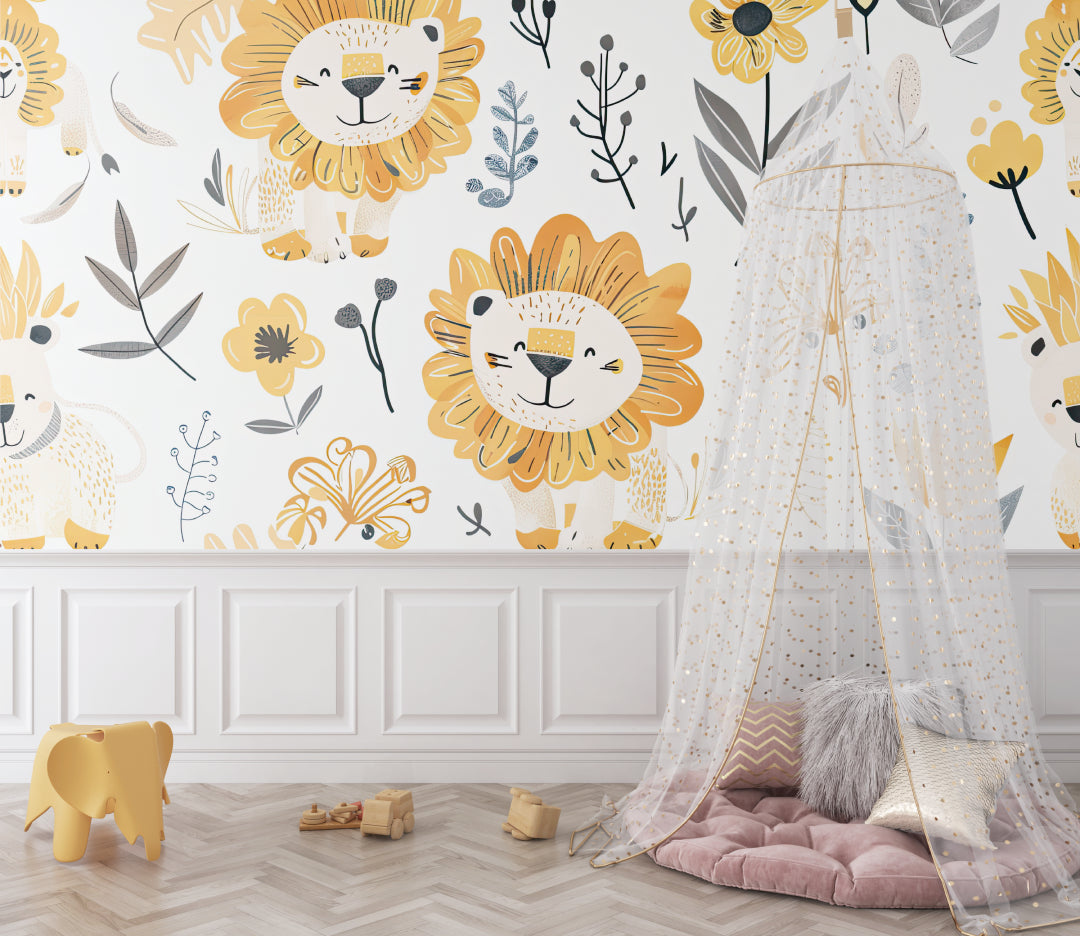 Playful lion wallpaper brightening up a cozy reading nook in a kids bedroom