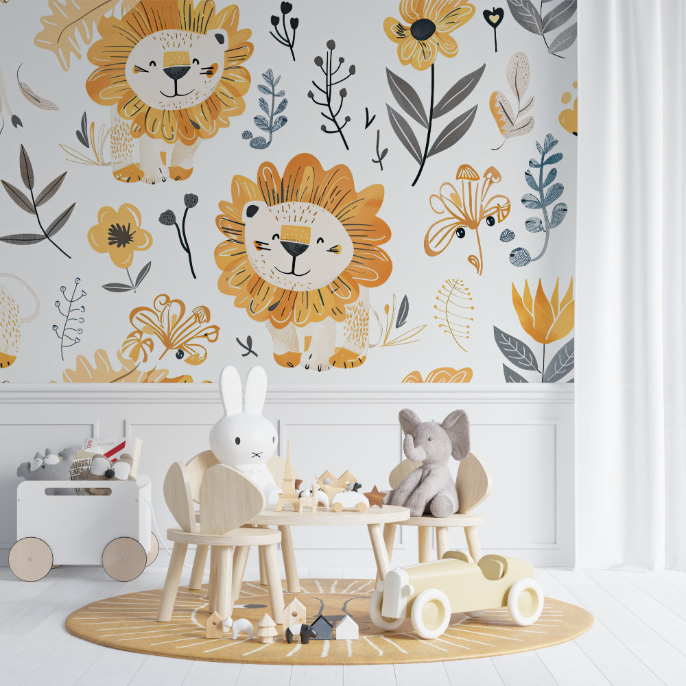 Lion nursery wallpaper showcased in a peaceful baby room with white furniture