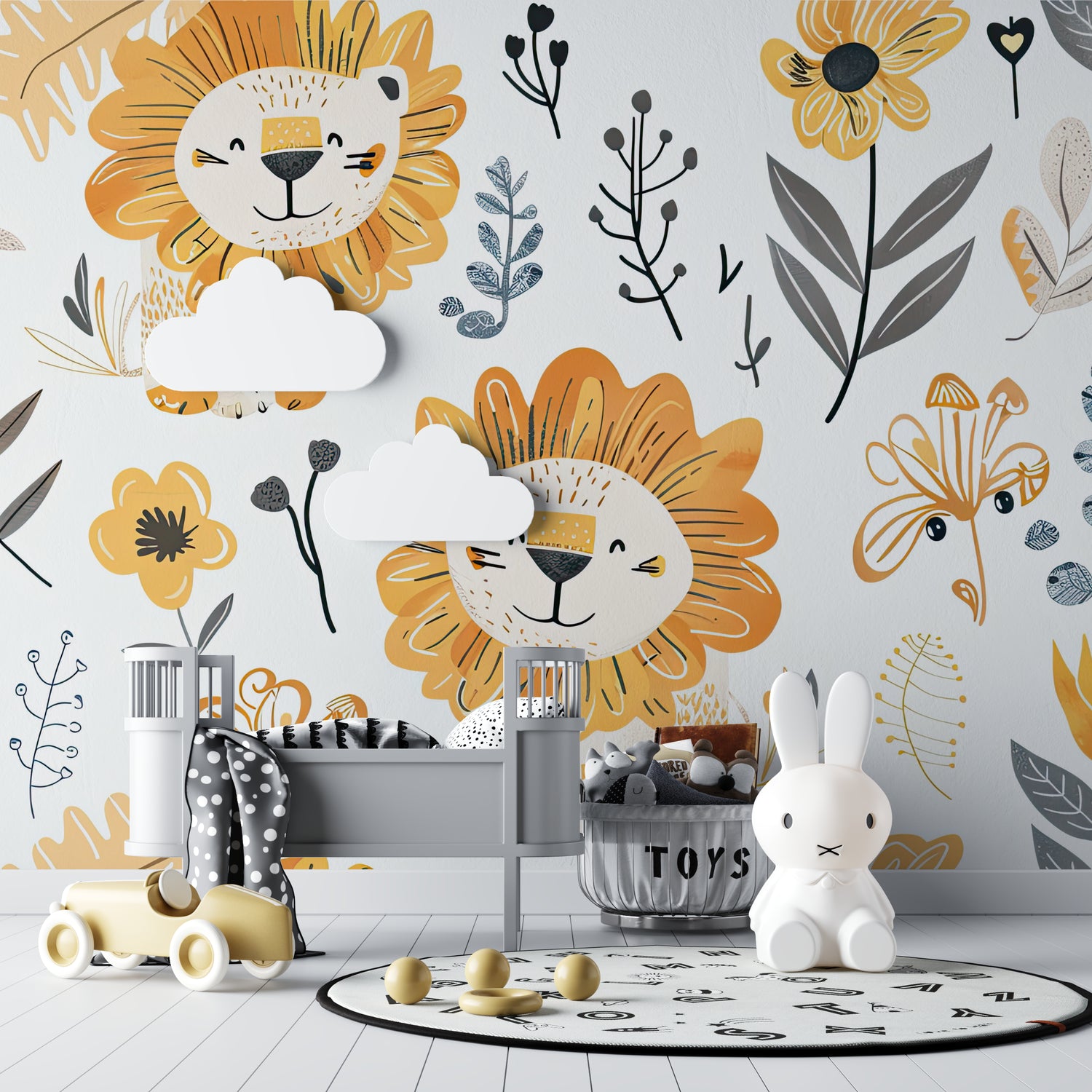 Kids lion wallpaper bringing joy to a bright modern nursery setting