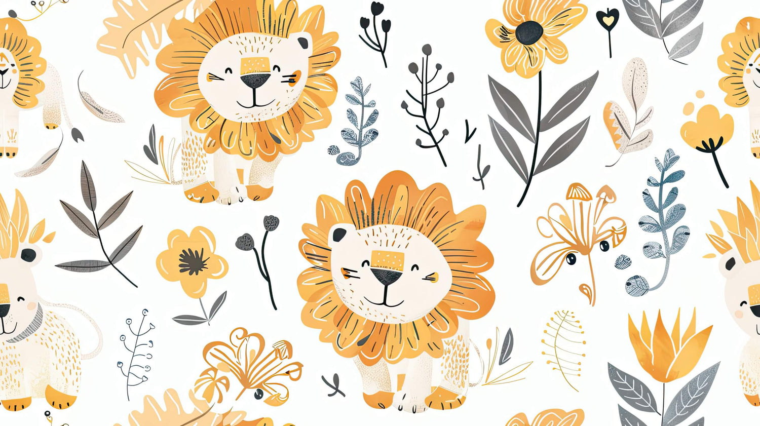 Lion safari design file showing detailed floral pattern and playful lion illustrations