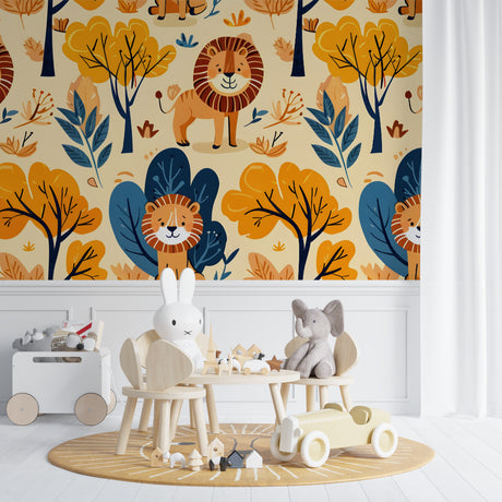 Lion Safari Wallpaper in modern nursery with white furniture and natural light