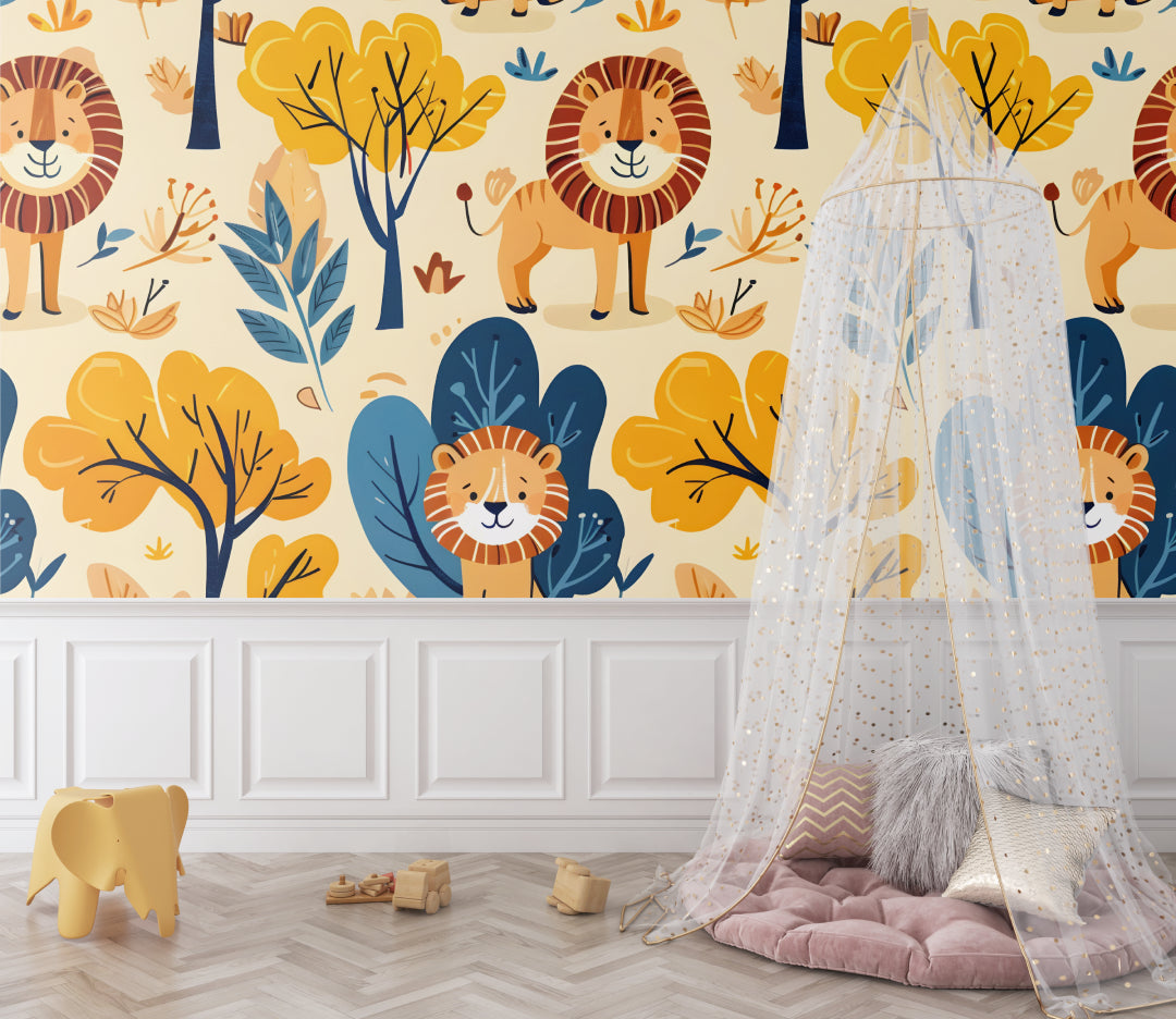 Playful Lion Wallpaper in bright playroom setting with wooden toys