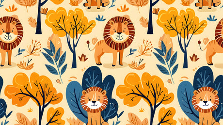 Lion Safari Wallpaper design file showing full pattern with autumn trees and navy foliage