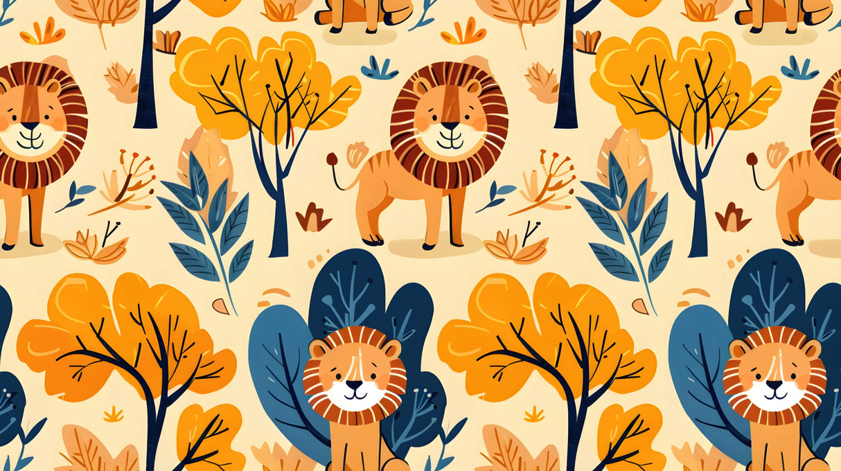 Lion Safari Wallpaper design file showing full pattern with autumn trees and navy foliage