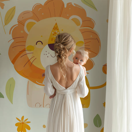 Playful Safari Lion Wallpaper in bright nursery with white furniture and soft toys