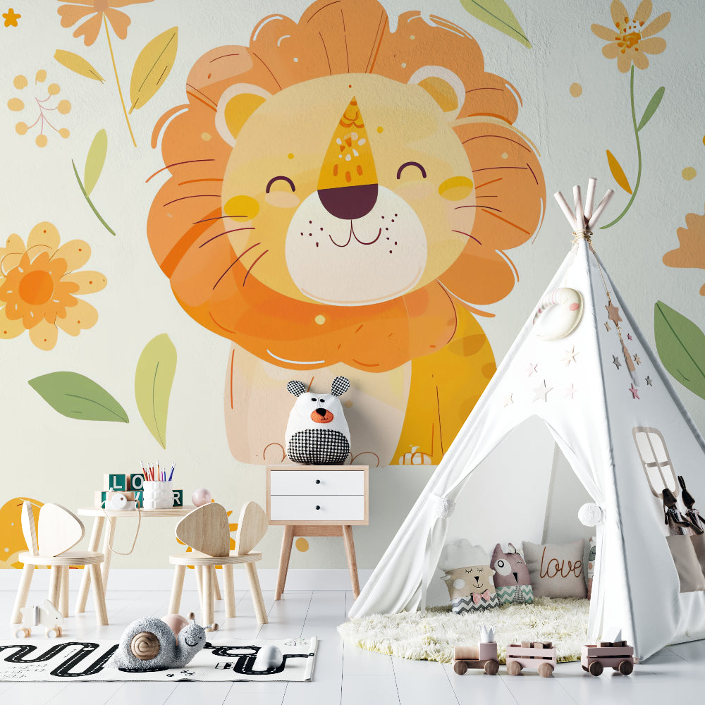 Safari Lion Wallpaper brightening playroom with colorful toys and play mat