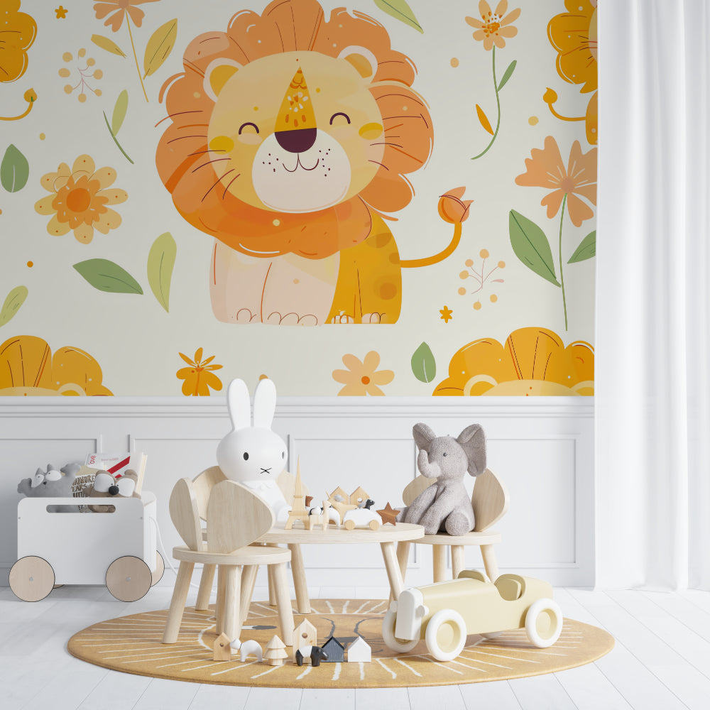 Lion Kids Wallpaper in modern nursery with natural wood elements